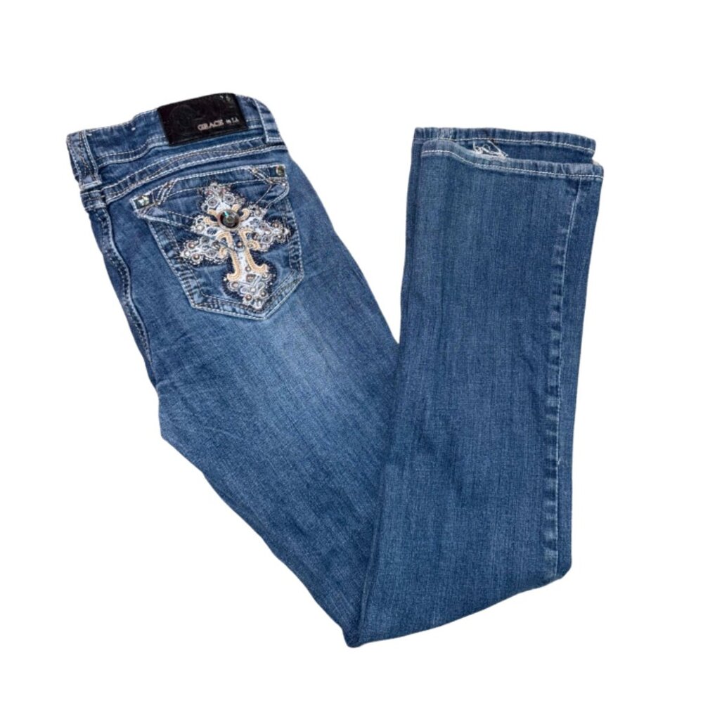 GRACE Size 28 Dark Blue Bootcut Jeans Low Rise Embellished Pockets Medium Blue